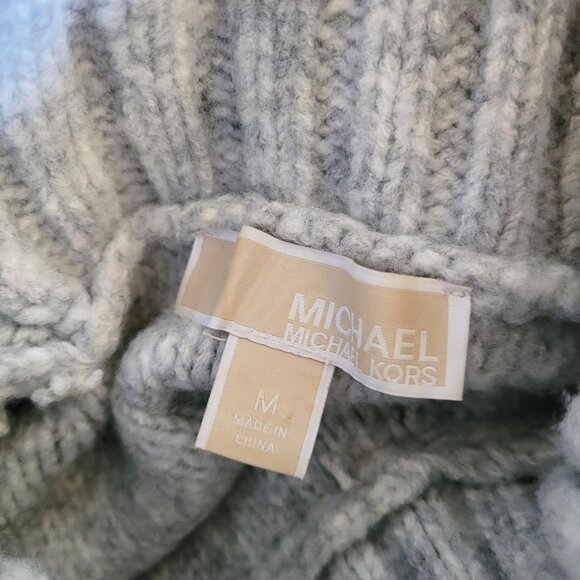 Michael Kors Sweater Medium Grey Cream Chunky Fisherman Knit Cable Turtleneck - Picture 10 of 10